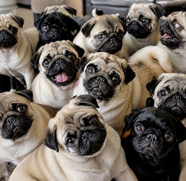 A group of adorable fawn and black pugs sitting together on a rug looking at the camera.