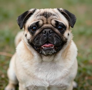 a small pug dog sitting on a blue couch