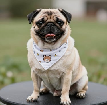 A happy pug wearing a cute bandana, sitting patiently during training.