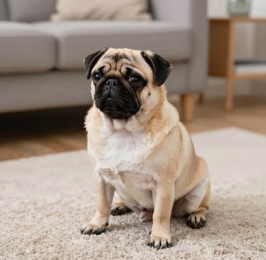 A playful pug puppy learning to sit on a cozy living room rug.