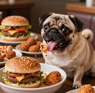 a small pug dog laying on top of a bed