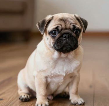 black pug wearing striped apparel