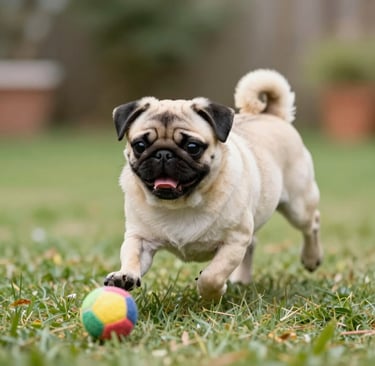 A playful pug puppy chasing a colorful ball in a sunny backyard.