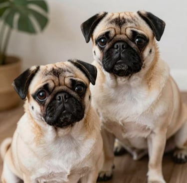black pug wearing striped apparel