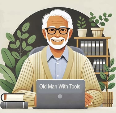 old man with tools at computer