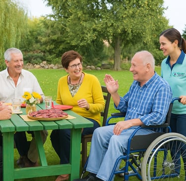 caregiver helping senior meet his friends