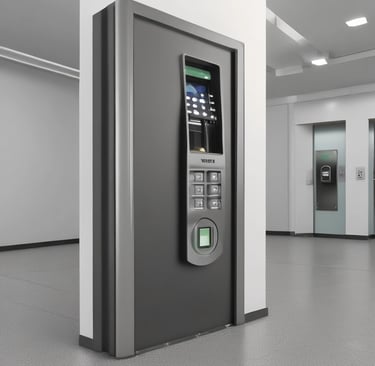 A white security camera is placed on a windowsill, alongside a small decorative plant in a geometric-patterned pot. The window provides a view of green foliage outside, suggesting a natural setting. The area appears to be inside a house, and the grey tones create a modern vibe.