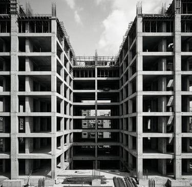 Estrutura de concreto em construção com linhas geométricas simétricas representando medição de risco