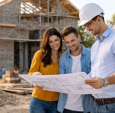 casal acompanhando o andamento da obra com engenheiro e projeto em mãos