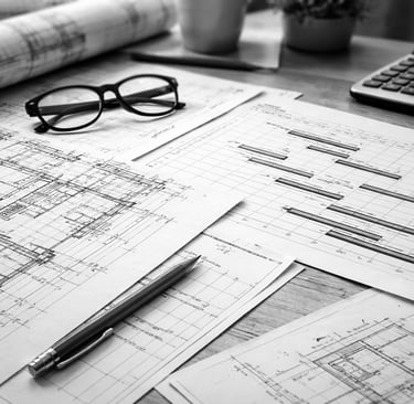 Plantas arquitetônicas e documentos financeiros sendo analisados sobre uma mesa durante a avaliação 