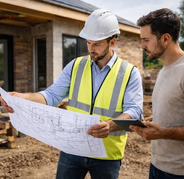 engenheiro orientando proprietário durante acompanhamento técnico de obra residencial