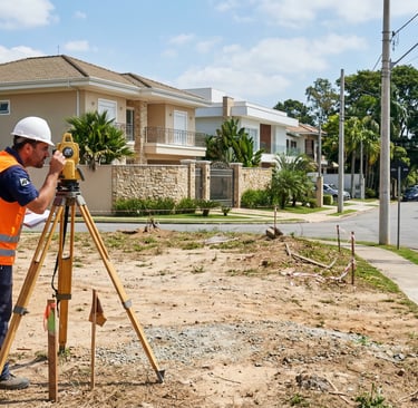 Topógrafo com estação total realizando levantamento em lote urbano vazio.