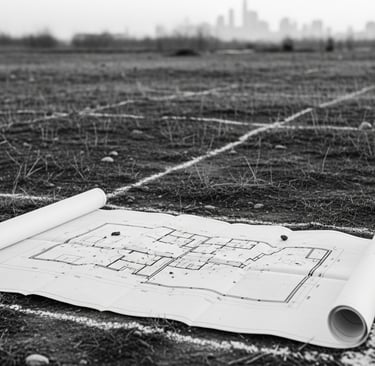 Terreno com marcações iniciais de obra representando decisão antes da construção no investimento imo