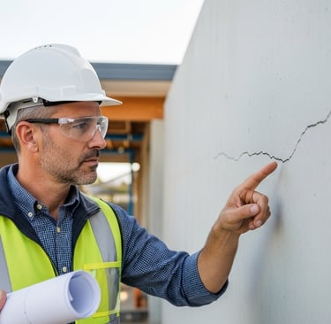 engenheiro avaliando possível vício construtivo em obra residencial