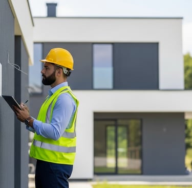 engenheiro realizando inspeção técnica em casa recém construída
