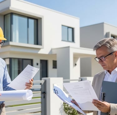 engenheiro com documentos realizando regularização de obra residencial concluída
