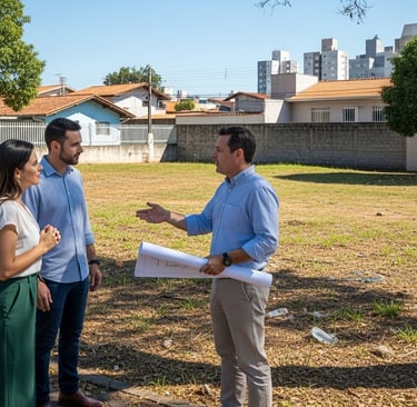 Casal avaliando terreno vazio com engenheiro antes da compra, análise técnica de viabilidade de cons