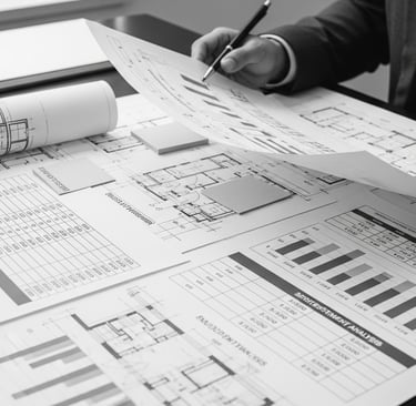 Engenheiro ou investidor analisando plantas arquitetônicas e documentos financeiros sobre uma mesa, 