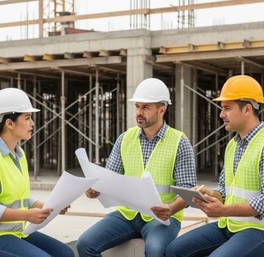 reunião em canteiro de obras entre arquiteto, engenheiro e proprietário analisando projeto da casa