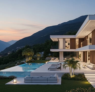 casa moderna de alto padrão com piscina, vista para lago e montanhas ao entardecer
