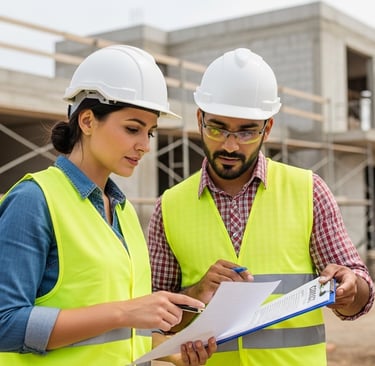 engenheiro e proprietário analisando documentos para evitar problemas jurídicos na construção