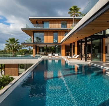 Projeto residencial moderno com piscina de borda infinita e palmeira, exemplo de obra finalizada.
