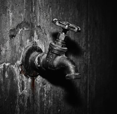 Fotografia editorial em preto e branco de uma torneira fechada sobre superfície de concreto escura, 