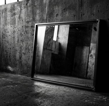 Fotografia editorial em preto e branco de um espelho apoiado contra uma parede de concreto escura, r