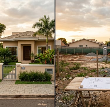 Comparação entre comprar casa pronta e construir do zero em bairro residencial urbano.