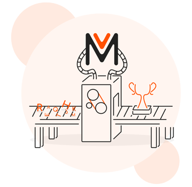 Cinta de transporte en la que entran las letras por un lado y sale un trofeo ganador en representación al exito