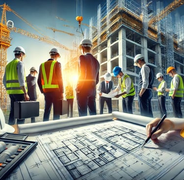 Profissional gerenciando obra de construção civil com planta e equipamentos no local