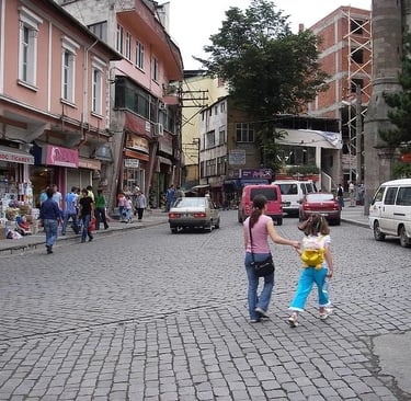Luftaufnahme der Stadt Trabzon an der Schwarzmeerküste mit dicht bebauten Stadtvierteln, Küstenstraße 