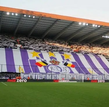 Fans des RSC Anderlecht in violett-weißen Farben beim Anfeuern im Stadion