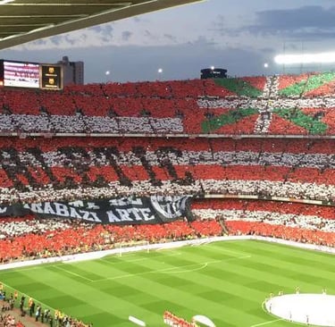 Blick ins Stadion von Athletic Bilbao mit jubelnden Fans und Fahnen in rot-weiß