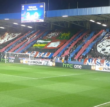 Fans im Stadion der Doosan Arena in Plzeň während eines Spiels von FC Viktoria Plzeň, mit gefüllten Tribünen, Fahnen