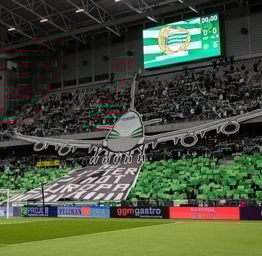Blick auf die Spielfläche und die vollbesetzten Tribünen der Tele2 Arena, Heimstadion von Hammarby IF, mit Fans, Fahnen und F