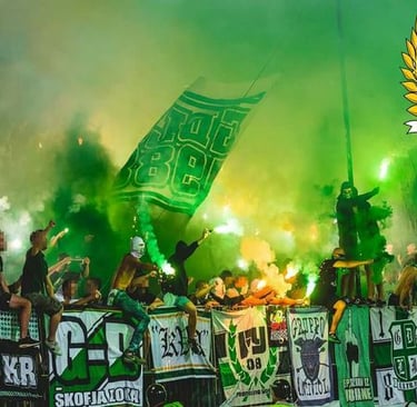 „Ultras von NK Olimpija Ljubljana – die Green Dragons mit Fahnen, Pyro und Gesängen im Stožice-Stadion.“