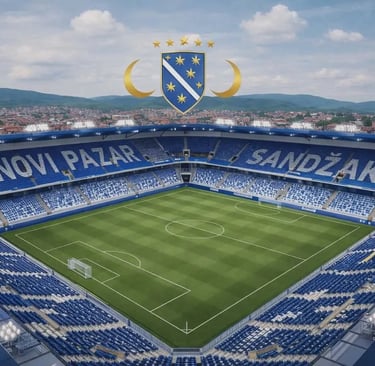 Gradski Stadion in Novi Pazar von FK Novi Pazar mit voll besetzten Tribünen und dichter Balkan-Atmosphäre.
