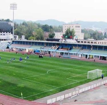 Luftaufnahme des Selman-Stërmasi-Stadions in Tirana, Heimspielstätte von KF Tirana, mit Spielfeld, Tribünen und umliegender S
