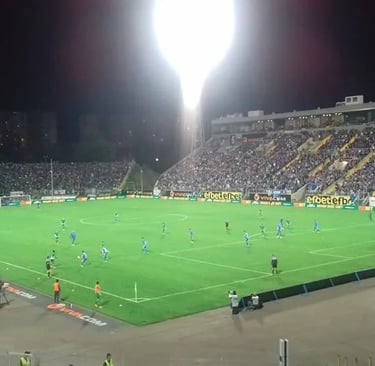 Blick auf das Georgi Asparuhov Stadion in Sofia, Heimat von Levski Sofia, mit Fans auf den Tribünen und Spielfeld im Mittelpu