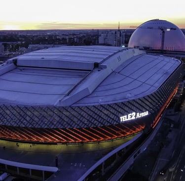 Blick von oben auf das Hammarby-Stadion in Stockholm, Heimstätte des schwedischen Fußballklubs Hammarby IF.