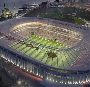 Außenansicht des Vodafone Park, Heimstadion von Beşiktaş Istanbul bei Tageslicht – moderne Architektur mit Blick auf den Bosp