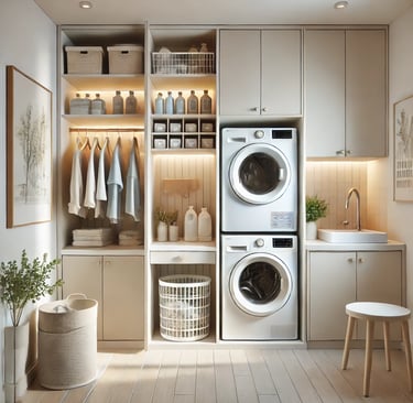 neutral colored laundry room with storage