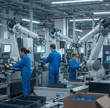 Representación de personas trabajando junto a tecnologías avanzadas