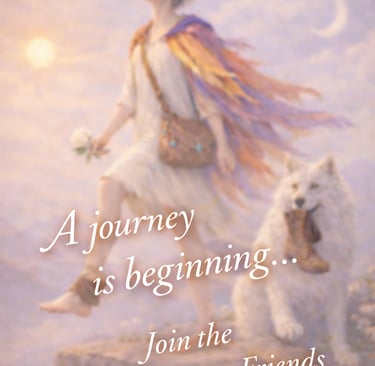 Fantasy art of a woman walking with a white wolf at sunrise, titled A journey is beginning.