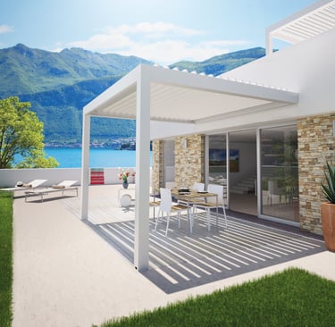 a patio with a table and chairs and a table