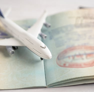 a minutaure plane is sitting on top of a passport page with a visa stamp