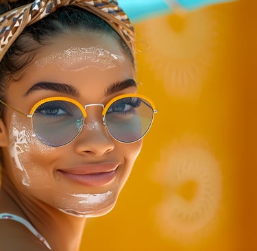 Smiling woman wearing sunglasses and sunscreen under the sun in the Dominican Republic