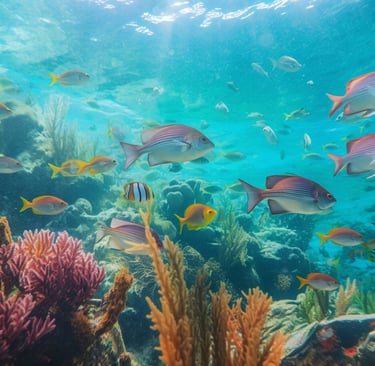 a group of fish swimming in the ocean