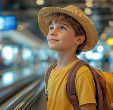 Young boy at airport ready for vacation to the Dominican Republic